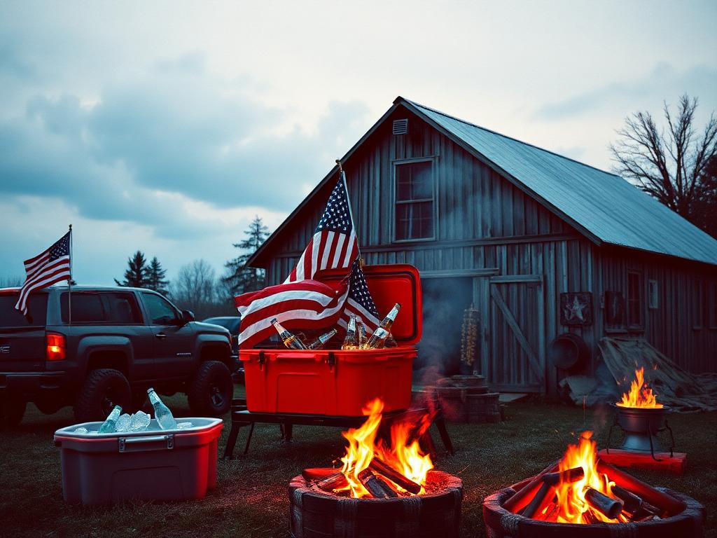 Tailgate party with trucks and bonfire