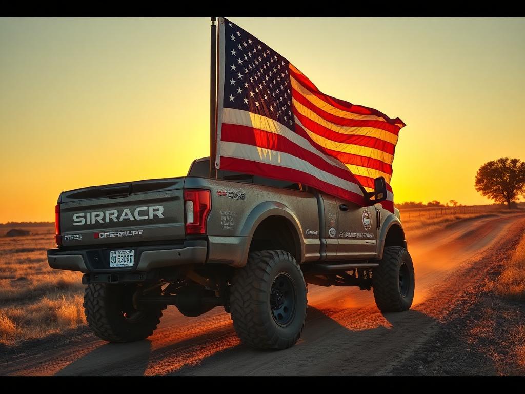 Lifted truck with American flag at sunset